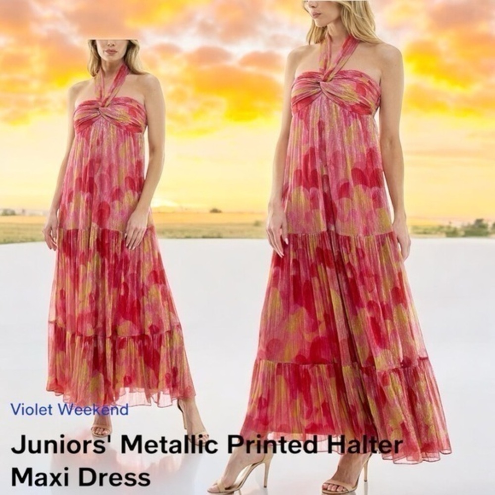 Juniors'‎ Metallic Printed Halter Maxi Dress by Violet Weekend sz 7/8 Medium